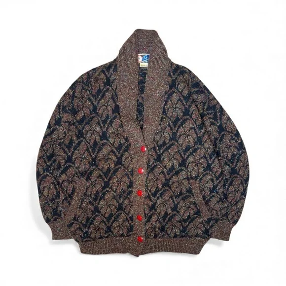 Vintage Metallic Eyelash Knit Cardigan WK Lung Kong Co Red Button Shawl Collar - Picture 4 of 11